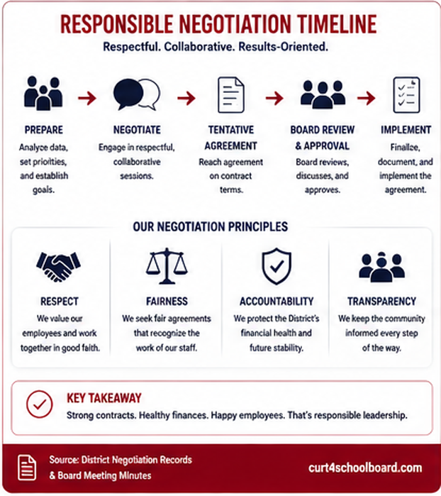 A five-step responsible negotiation process: financial analysis, Board priorities, good-faith bargaining, tentative agreement, and public approval and implementation.